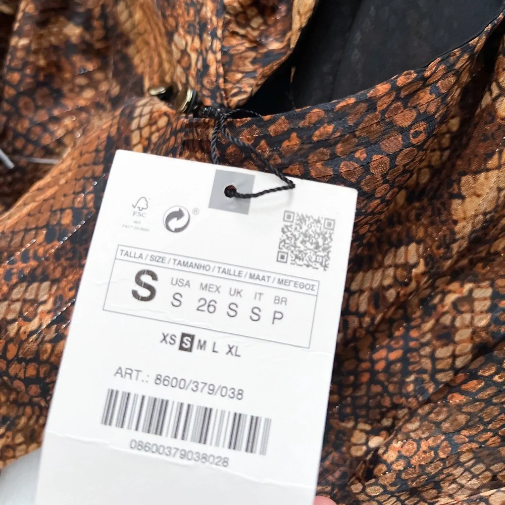 NWT- ZARA Animal Print Ruched Ruffle Front Long Sleeve Mini Dress